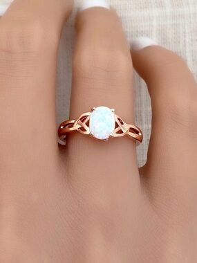 White Fire Opal Rose Gold Sterling Silver Band Celtic Knot Women’s Ring